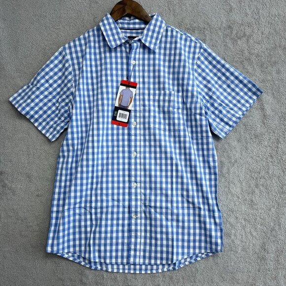 NEW Gap Men's M Short Sleeve Poplin Button up Shirt Blue & White Checkered - Picture 3 of 7
